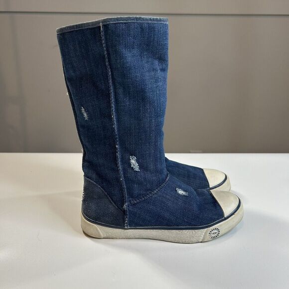 Ugg Boots Womens 5.5 Delaine Distressed Denim Tall Shearling Lined Winter Rare - Picture 4 of 7